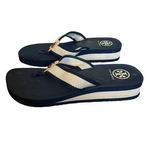 TORY BURCH frankie Wedge Sandal Flip Flops Navy Blue and Tan Size 10